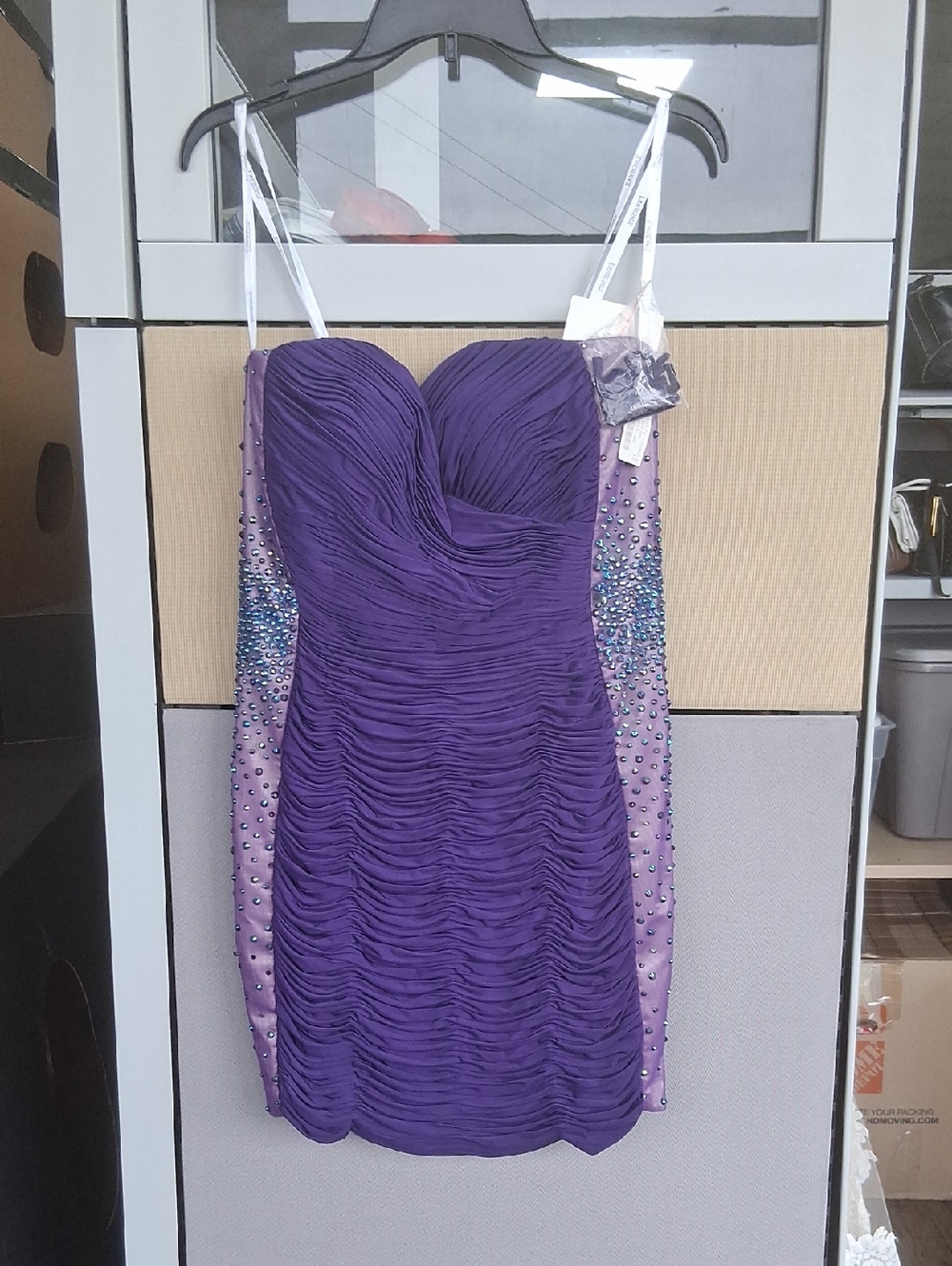 Vintage Strapless Purple Ruched Mini Dress w/ Beaded Side Panels By TOMMY BOWLS